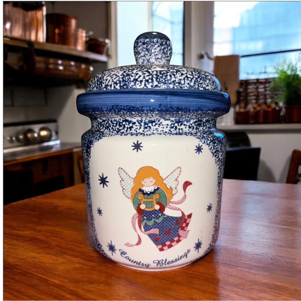 Blue and White Ceramic Jar with Angel Design
